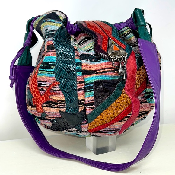 Sharif Large Python Croc Ikat Leather Drawstring Snap Flap Bucket Shoulder Bag - Picture 1 of 16